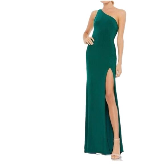 NWT Ieena for Mac Duggal One Shoulder Draped Back Gown in emerald green (Style # - Picture 2 of 14